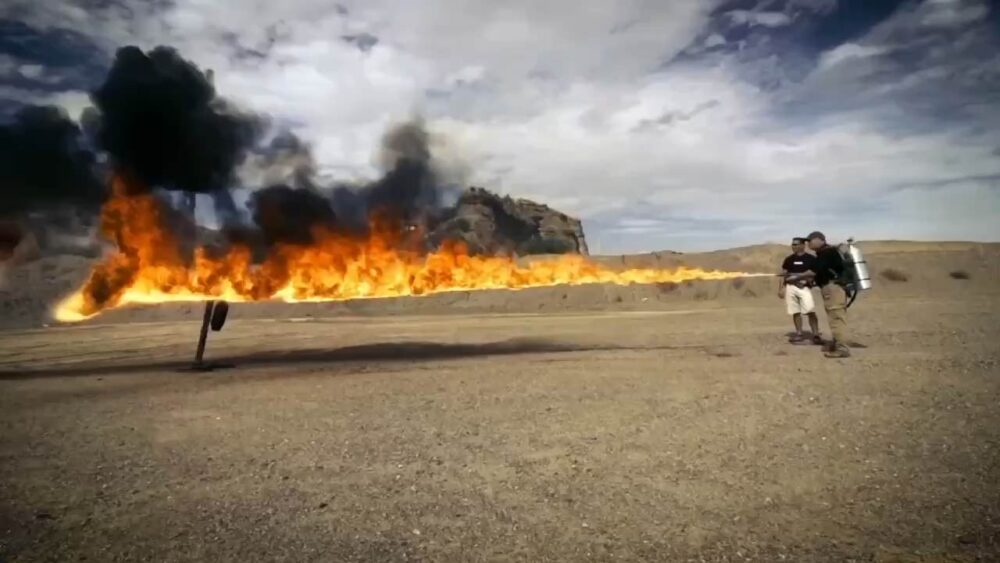 X15 flamethrower firing a wall of flame